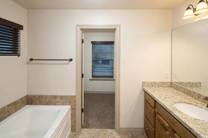 Bathroom with vanity, a bath, and light carpet