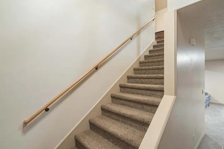 Staircase with a textured ceiling and carpet flooring