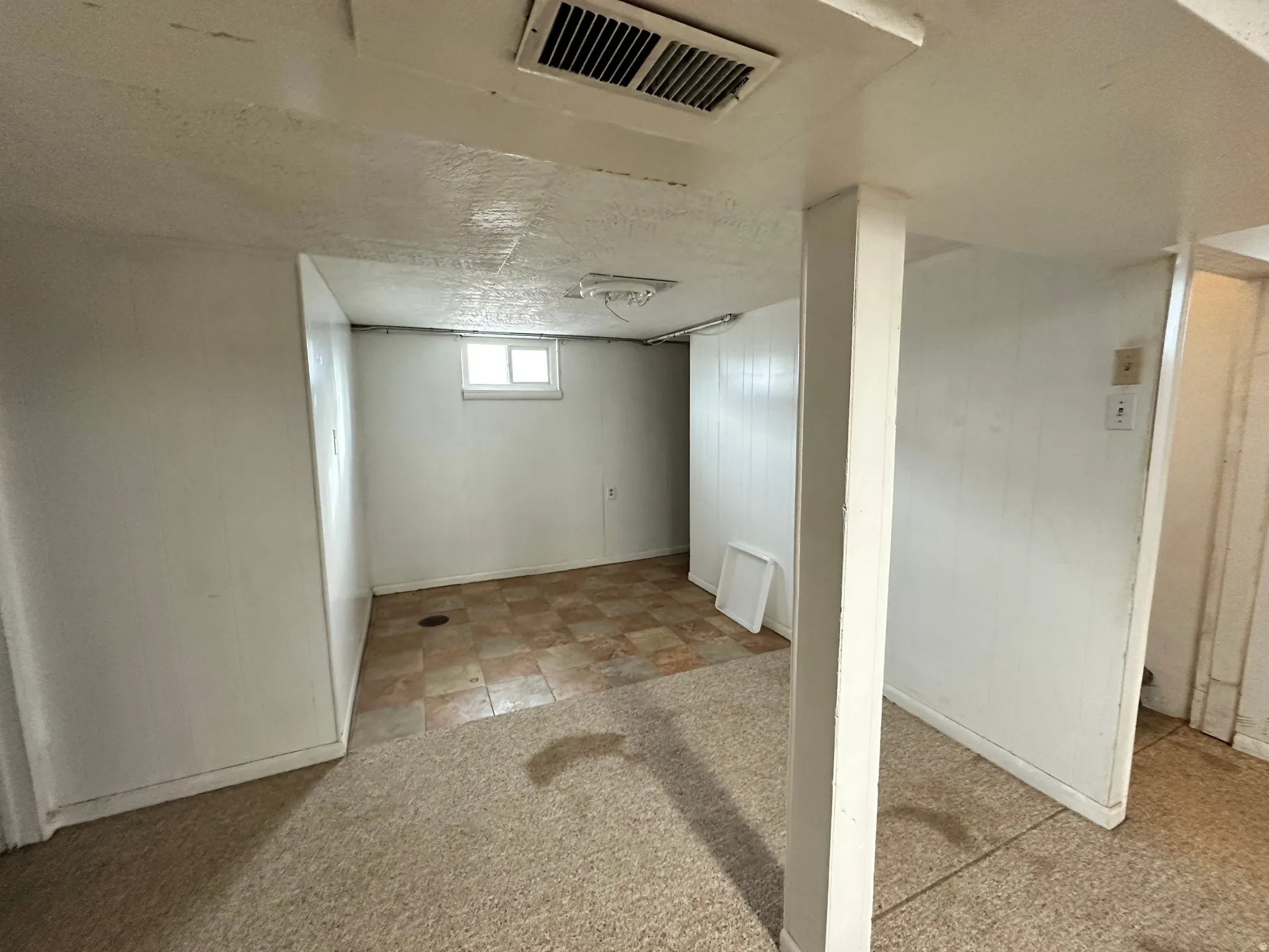 Basement featuring light colored carpet