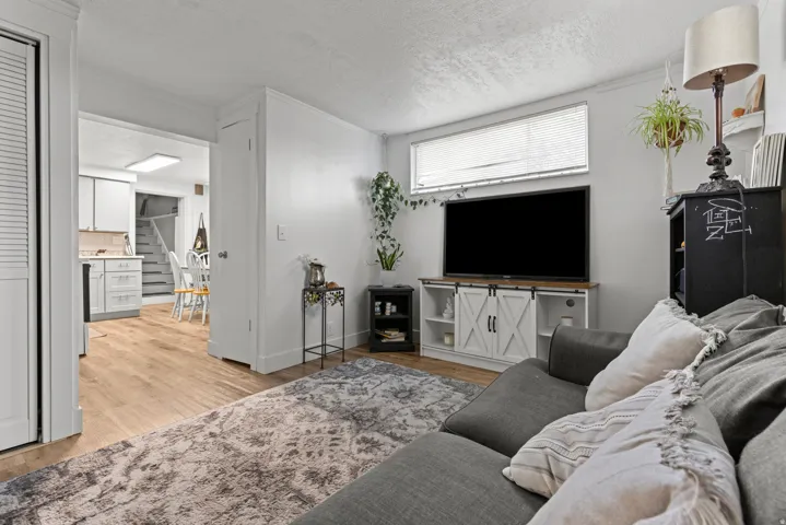 Living area featuring light wood-style floors, a textured ceiling, and ornamental molding