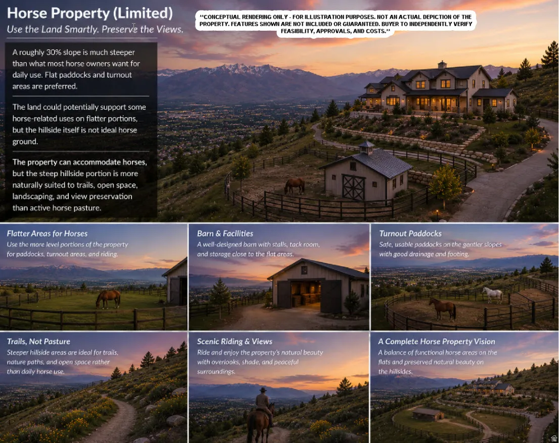 Although the property's approximately 30% slope limits its suitability as a traditional horse property, horses could still be accommodated on the flatter, more usable portions of the site. These conceptual renderings illustrate how a buyer could incor
