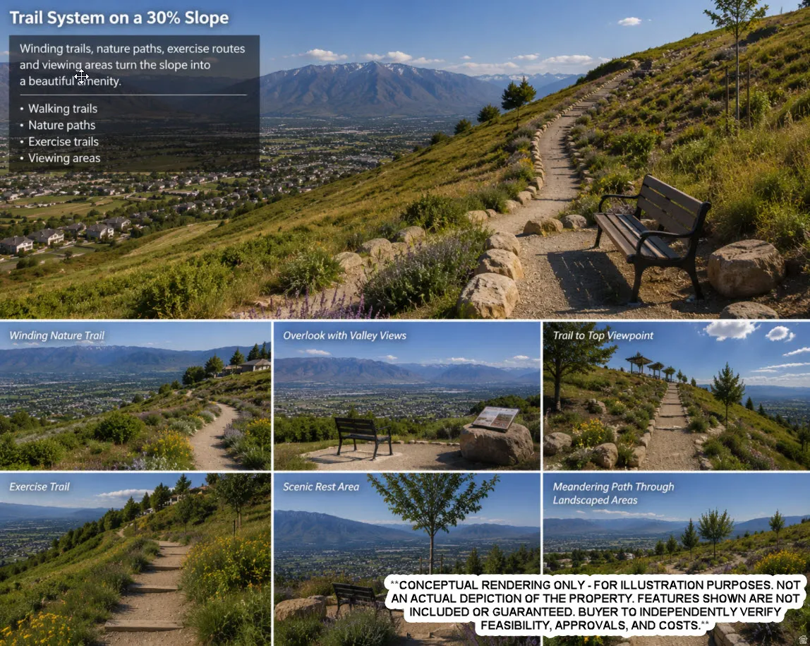 Although the property's slope limits some traditional uses, it also creates opportunities for recreational amenities that complement the natural landscape. These conceptual renderings illustrate how a trail system with scenic overlooks and resting areas c
