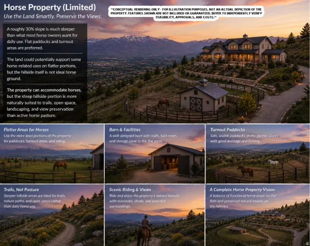 Although the property's approximately 30% slope limits its suitability as a traditional horse property, horses could still be accommodated on the flatter, more usable portions of the site. These conceptual renderings illustrate how a buyer could incor