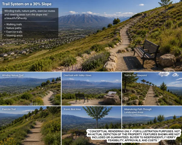 Although the property's slope limits some traditional uses, it also creates opportunities for recreational amenities that complement the natural landscape. These conceptual renderings illustrate how a trail system with scenic overlooks and resting areas c