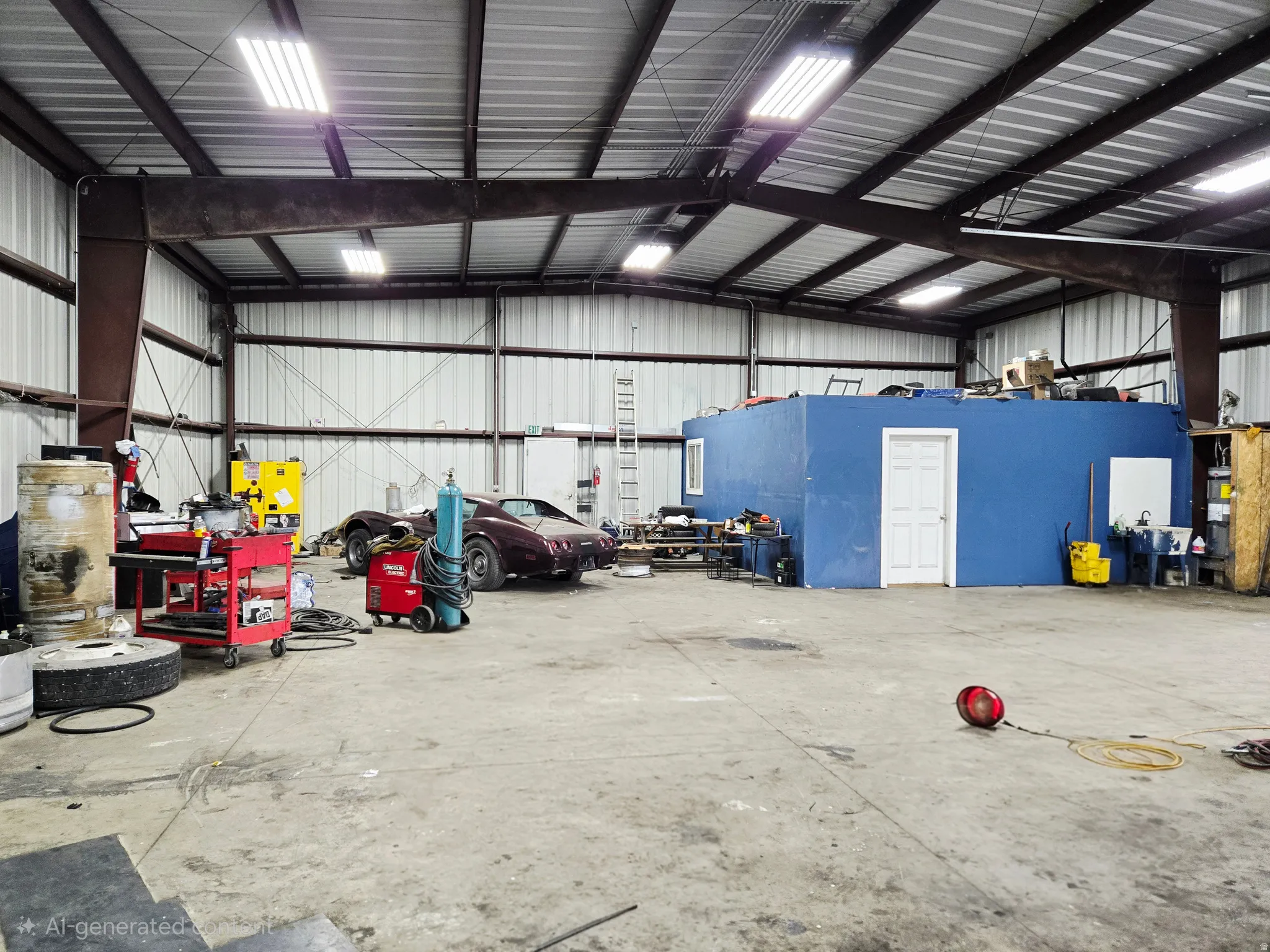 Garage featuring metal wall