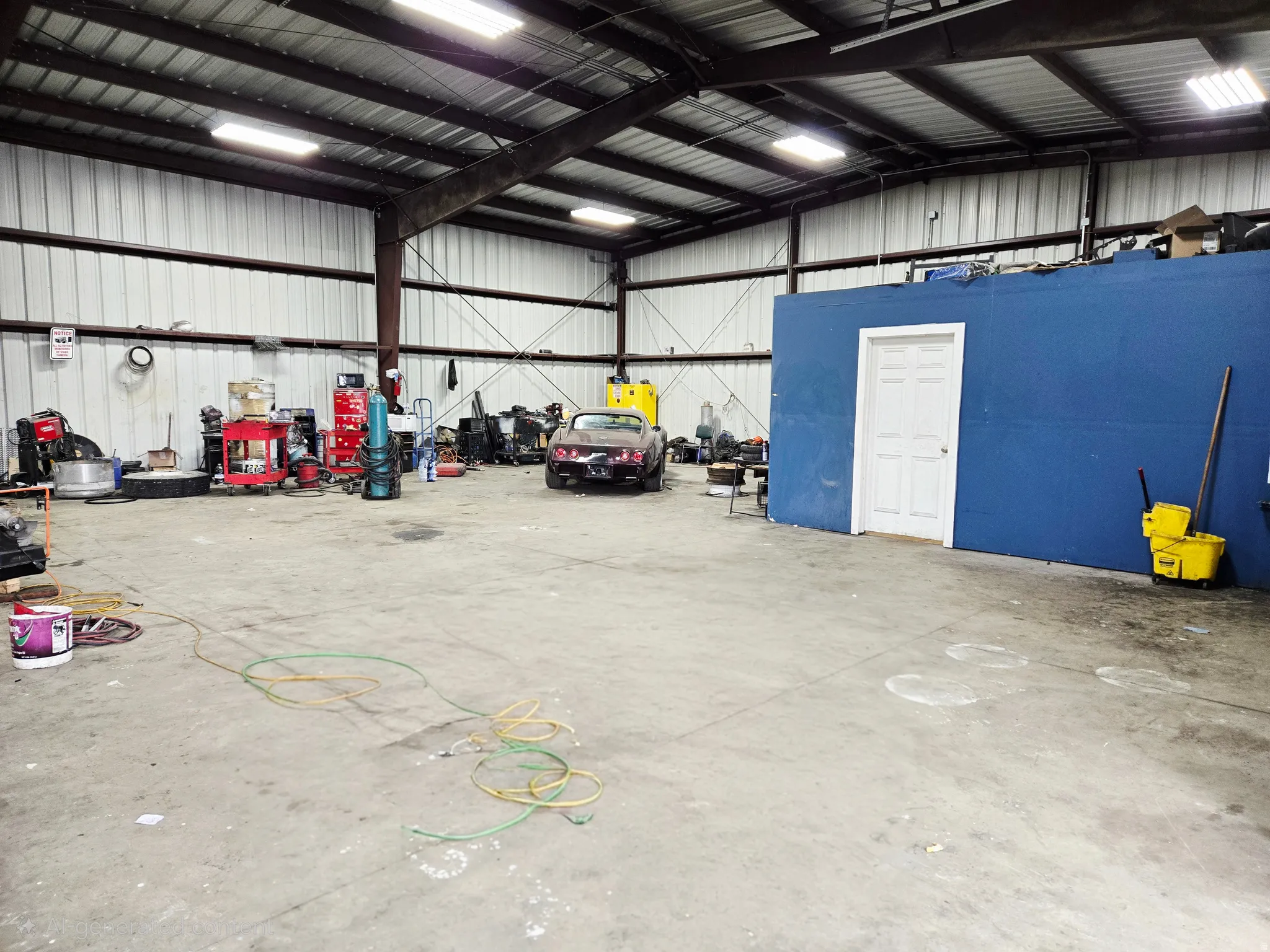 Garage featuring metal wall