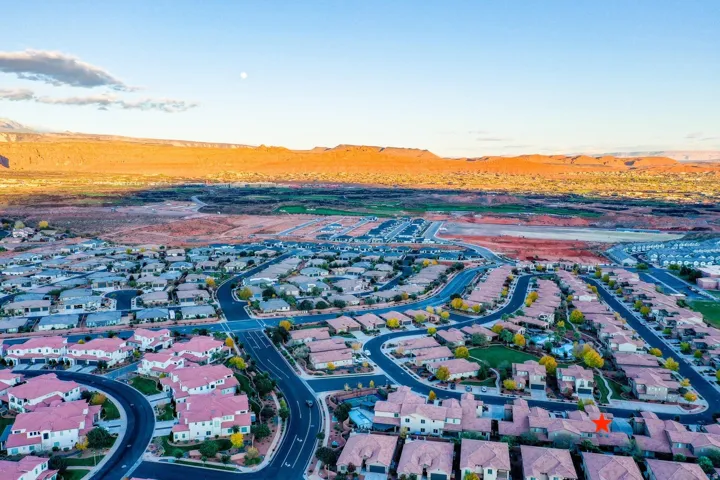 Aerial perspective of suburban area featuring mountains