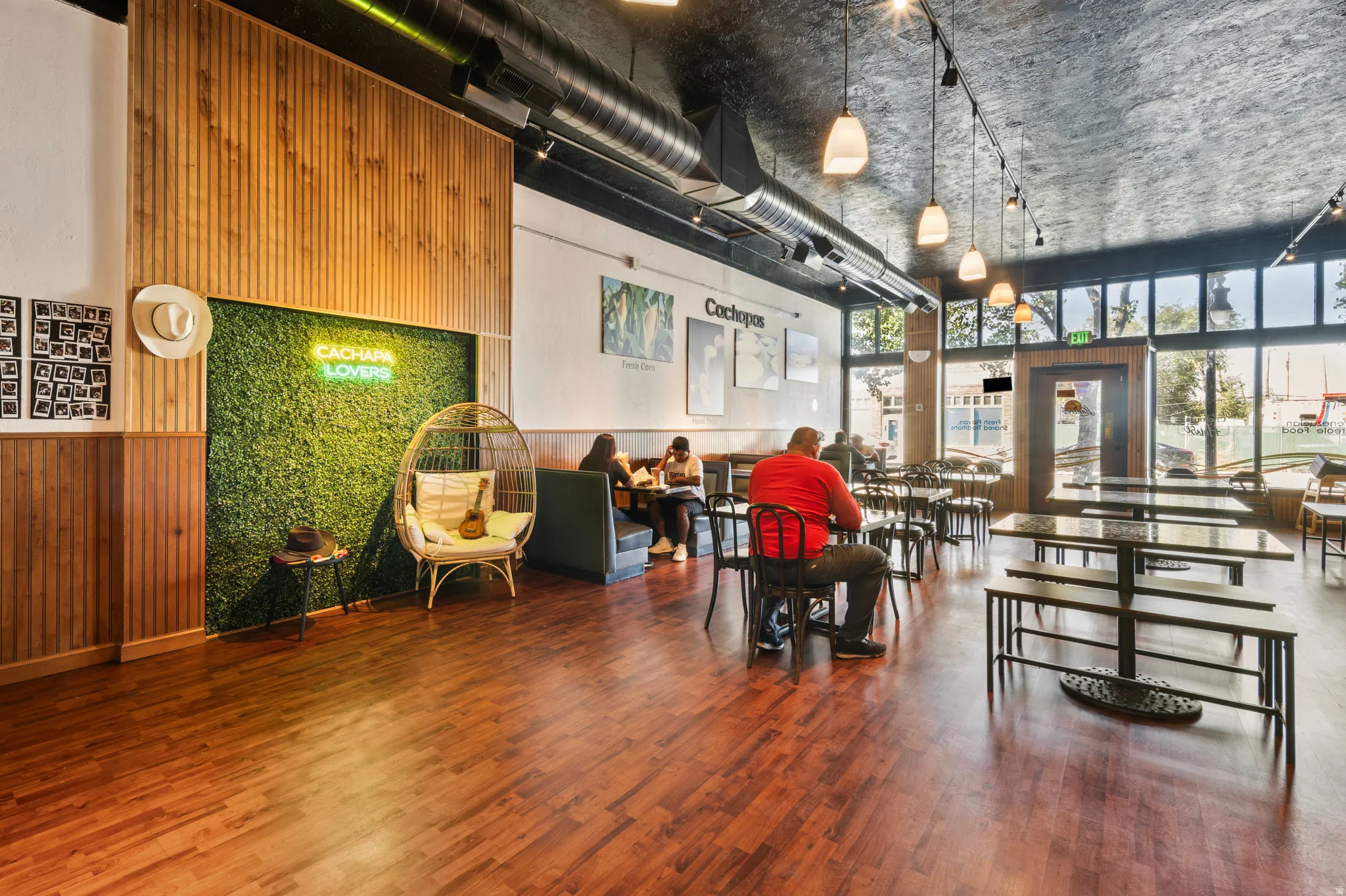 Lobby featuring wooden walls and a high ceiling