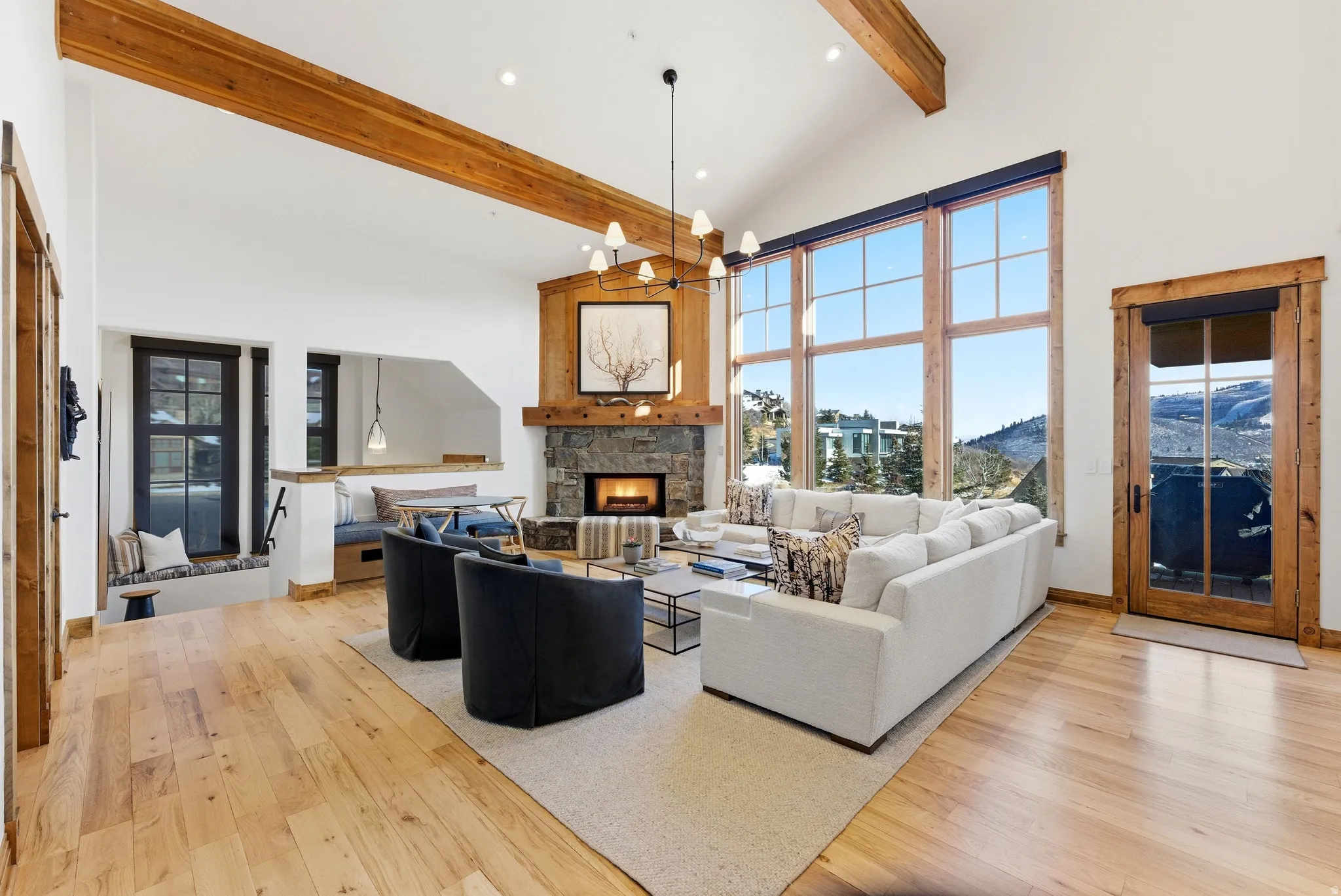 Vaulted ceilings featuring exposed wood beams
