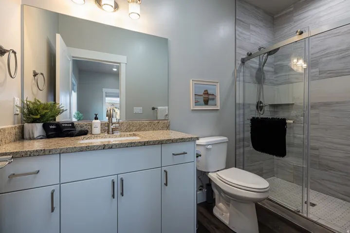 Bathroom featuring a shower stall, vanity, and dark wood-type flooring