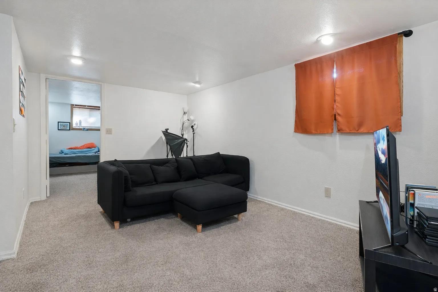 Living area featuring light carpet and baseboards
