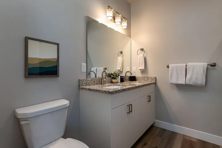 Full bathroom with double vanity and dark wood-style floors