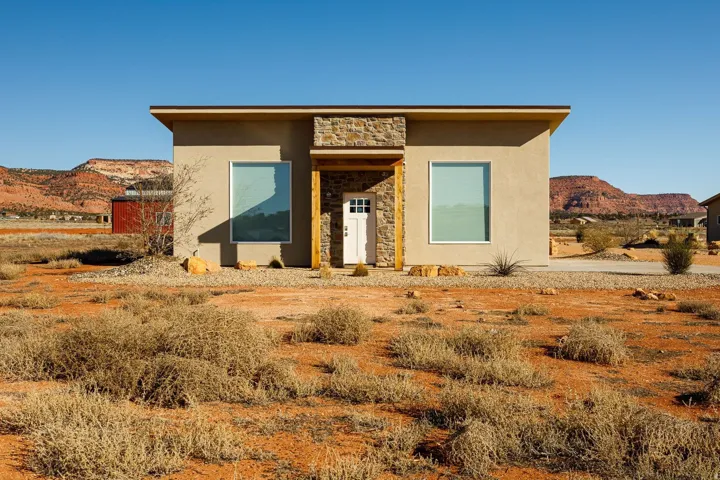 Prairie-style house featuring stone siding, a mountain view, and stucco siding