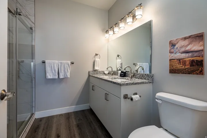 Bathroom with vanity, dark wood finished floors, and an enclosed shower
