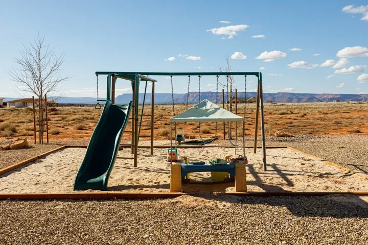 Communal playground with a mountain view