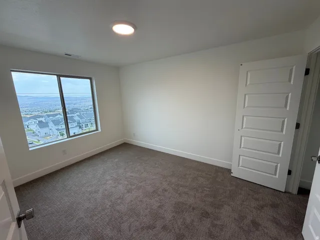 Windowed room featuring plush gray carpeting, white painted walls, and a five-panel interior door with matte black hardware