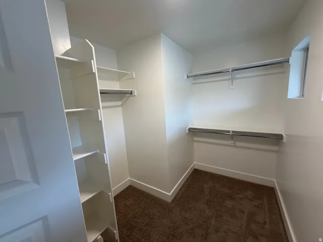 Walk-in closet featuring built-in shelving, dual hanging rods, and a textured carpeted floor