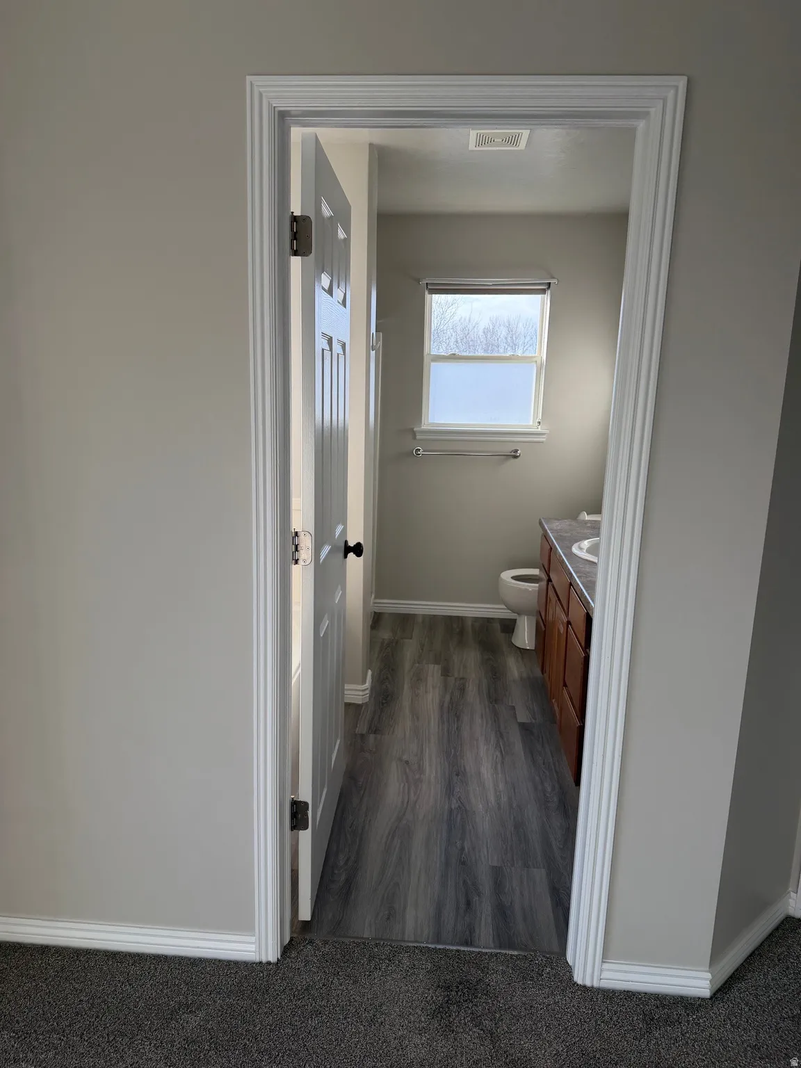 Bathroom with vanity and dark wood finished floors