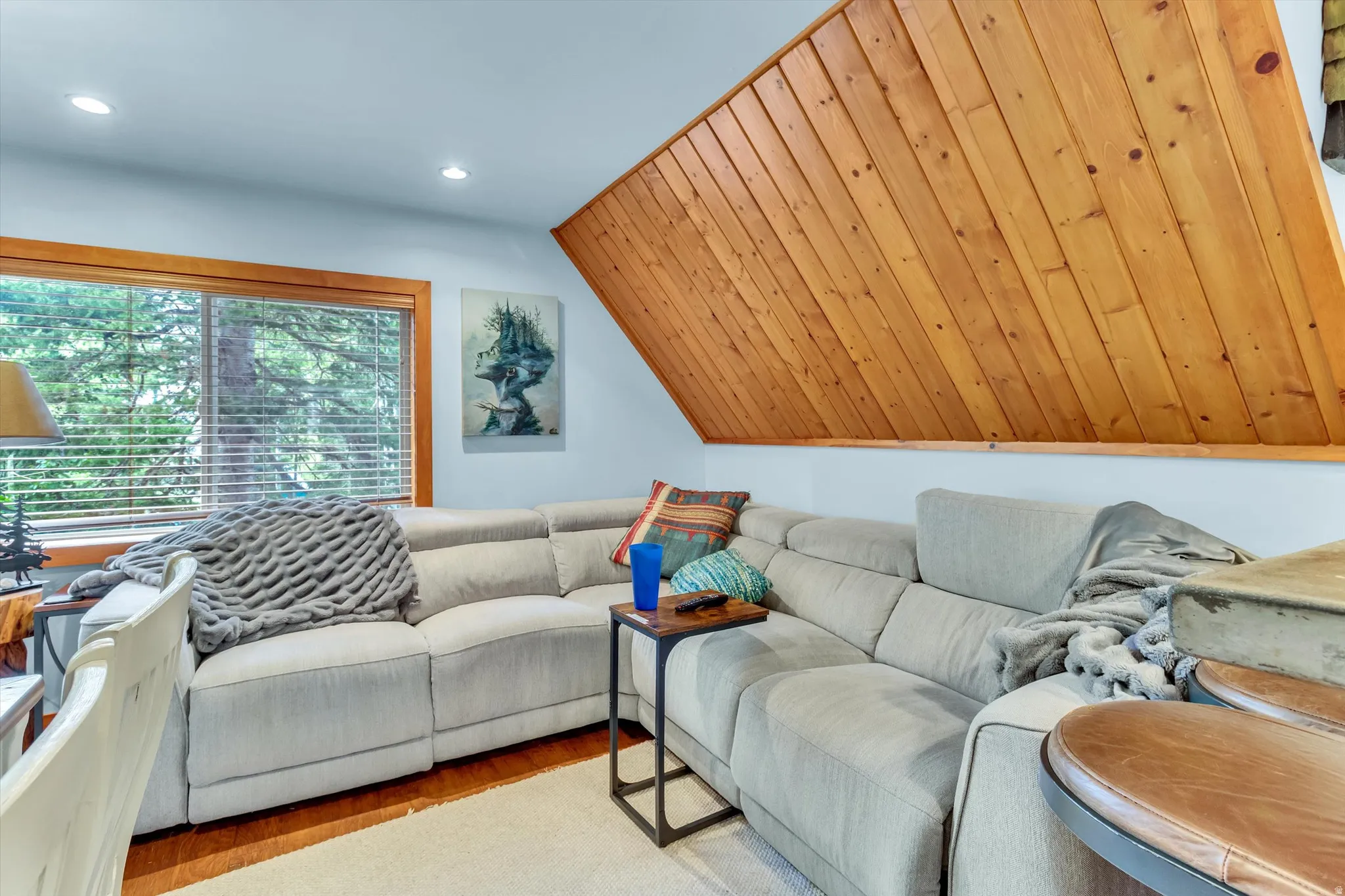 Sloped wood-paneled ceiling accenting a bright living space