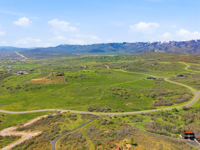 Expansive green landscape featuring winding roads and distant snow-capped mountains under a clear sky