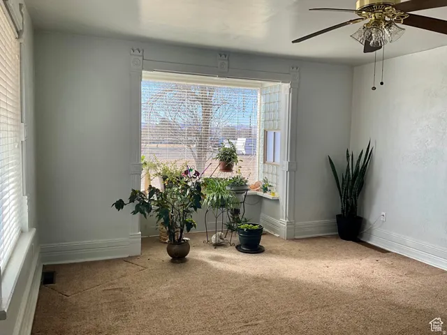 Living area featuring ceiling fan, healthy amount of natural light, and carpet