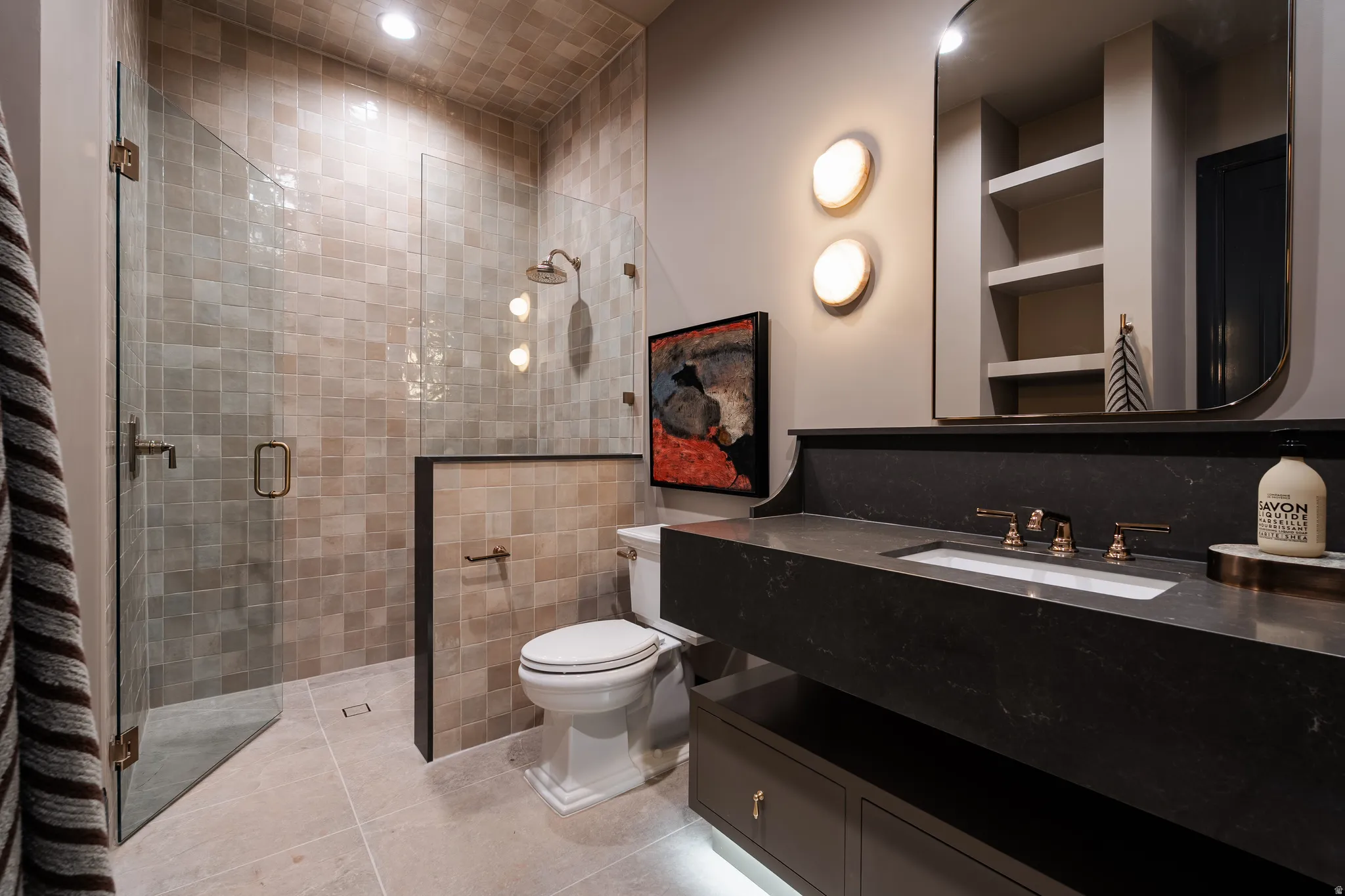 Full bath featuring vanity, a shower stall, recessed lighting, and light tile patterned floors