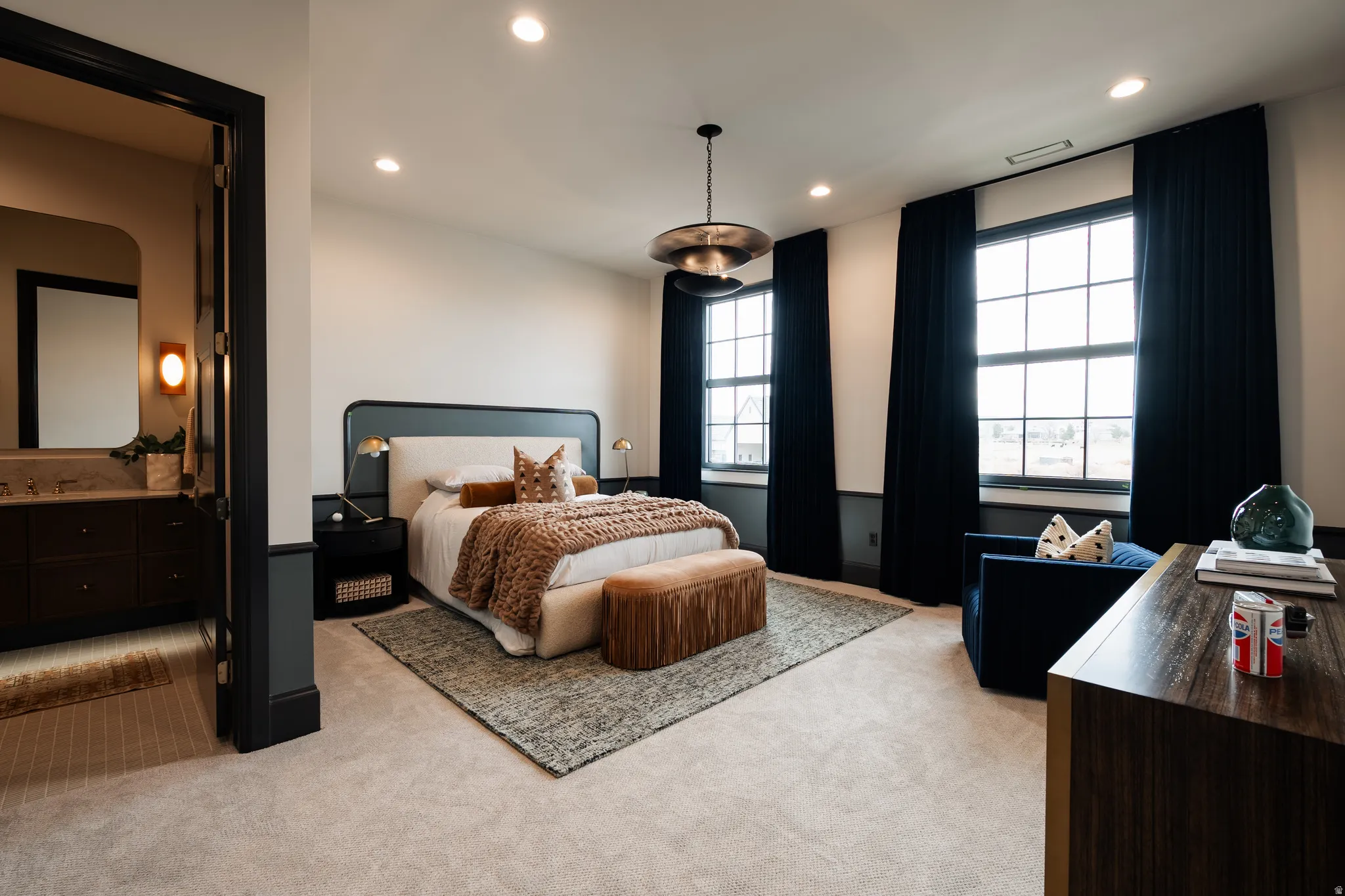 Bedroom featuring recessed lighting and light colored carpet