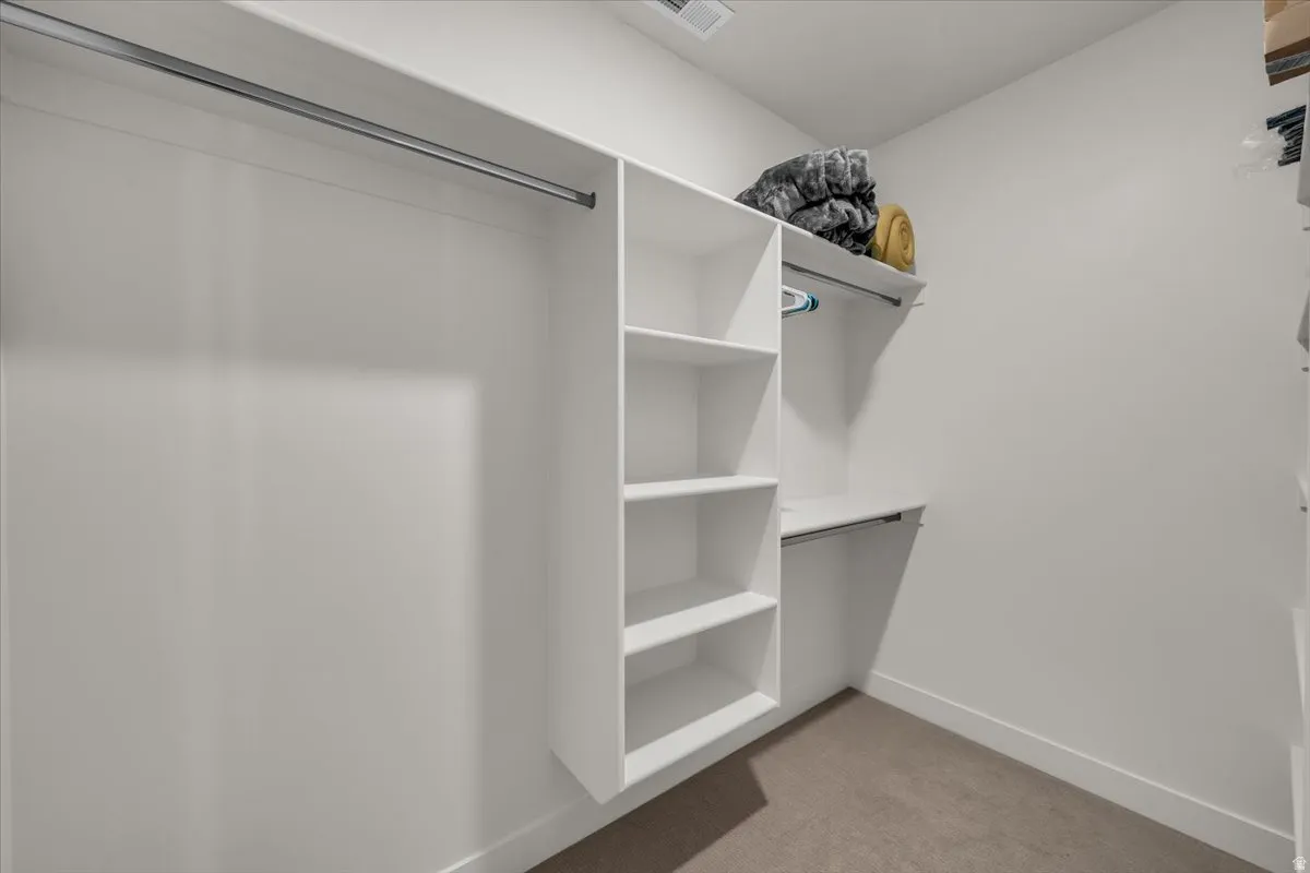 Walk in closet with light colored carpet