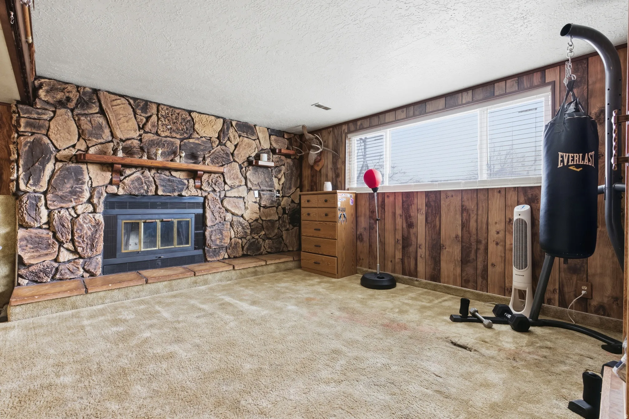 Carpeted living area featuring wood walls, a stone fireplace, and a textured ceiling