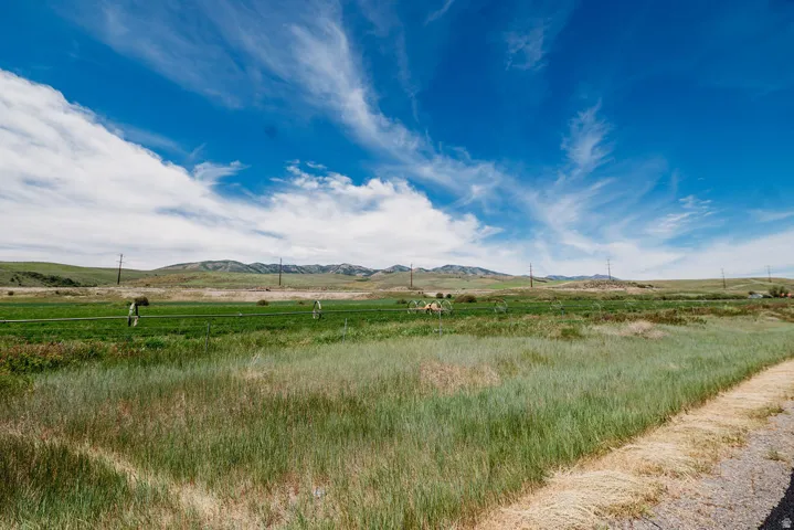 Expansive agricultural land featuring a green field with irrigation equipment, bordered by natural grasses and distant rolling hills