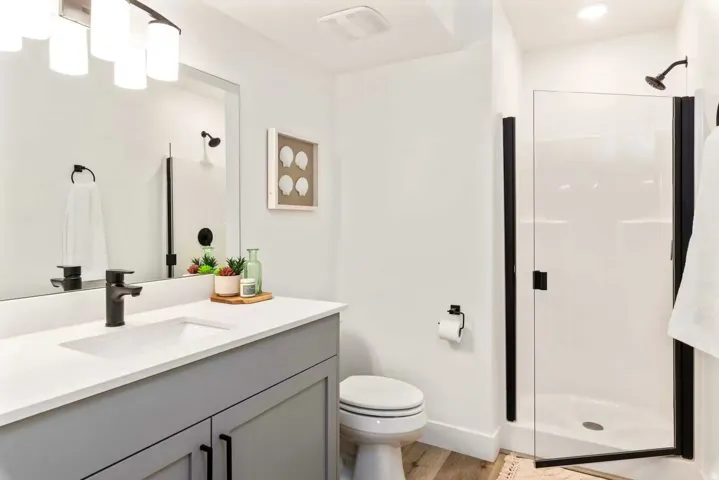 Bathroom with vanity, a shower stall, and light wood finished floors