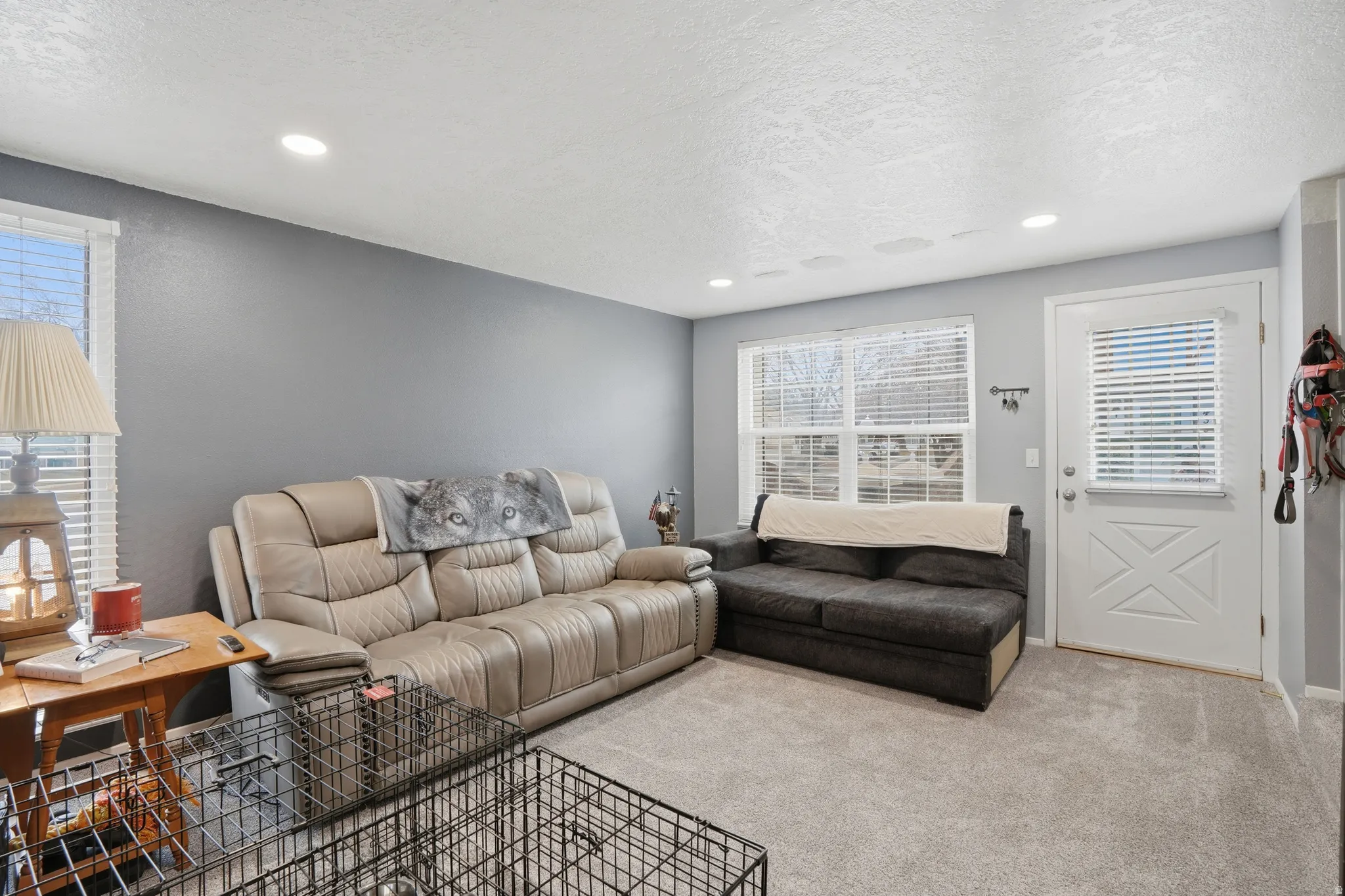 Carpeted living area featuring a textured ceiling and recessed lighting