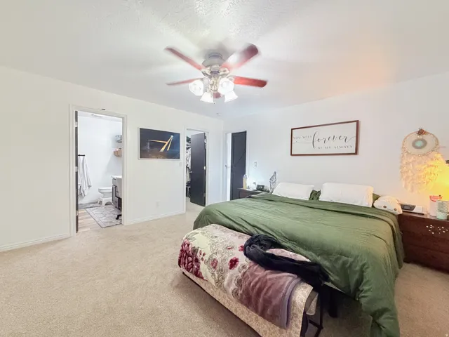 Recessed lighting, ceiling fan fixture, carpet flooring, and white walls