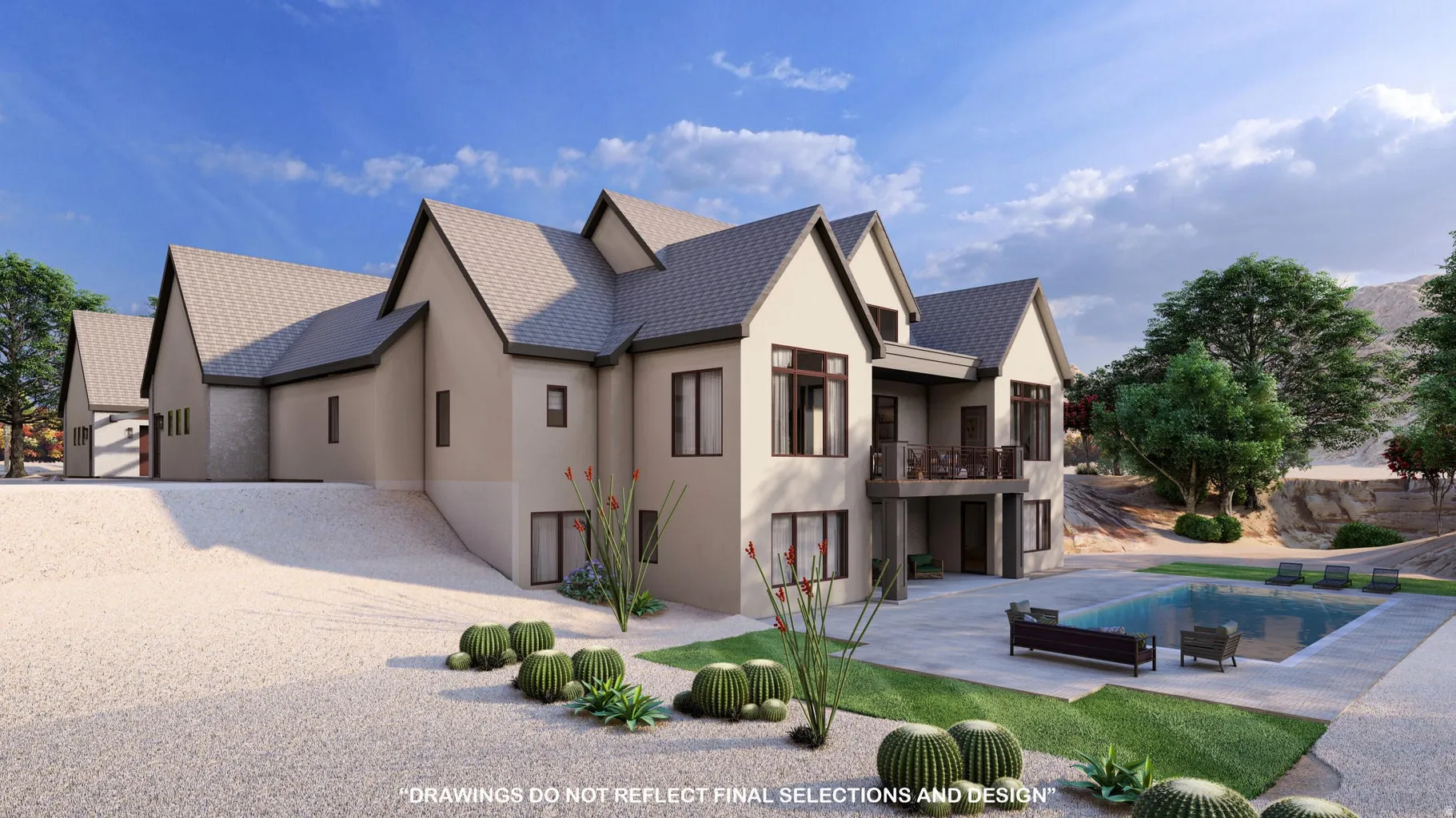 View of side of home featuring an outdoor pool, a balcony, stucco siding, and a patio area