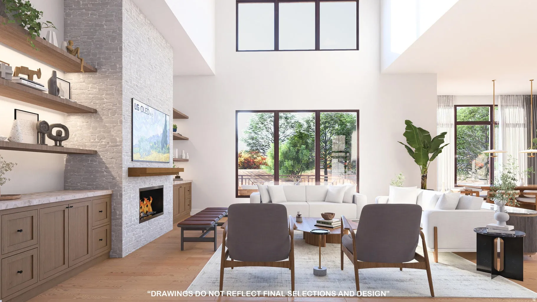 Living area featuring light wood-style floors, a large fireplace, and a high ceiling