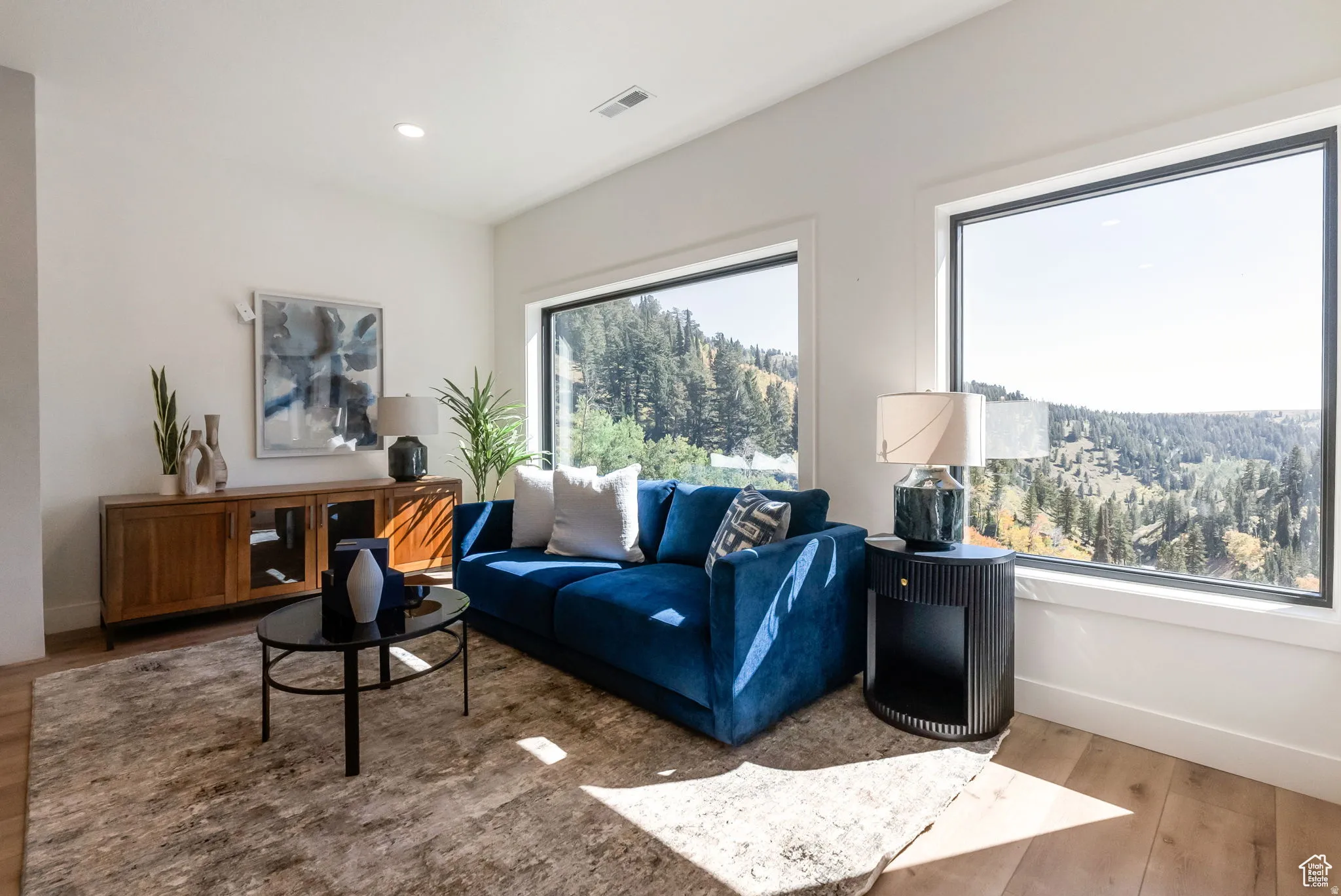 Living room featuring wood finished floors and recessed lighting