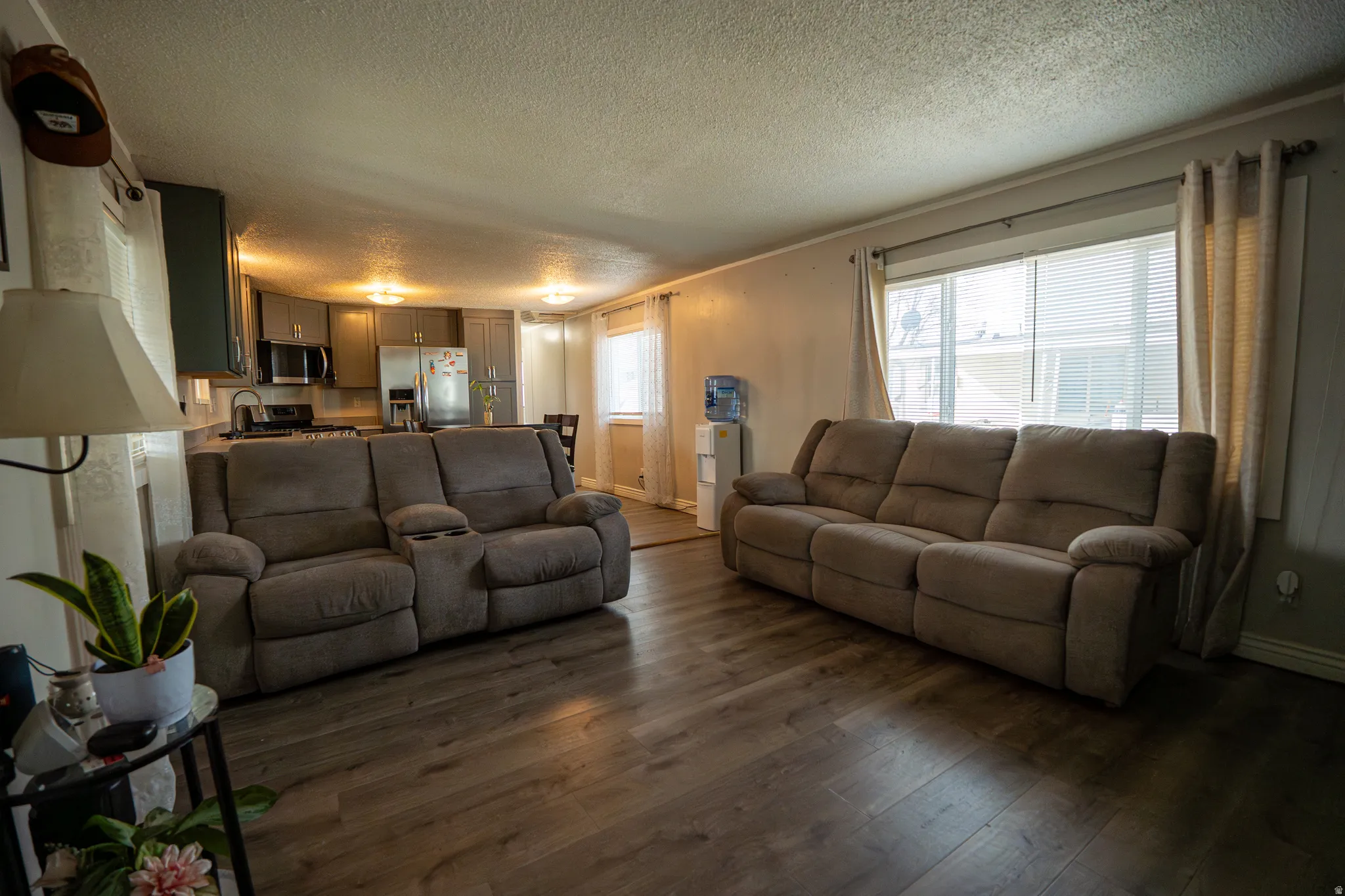 Living room with dark wood-type flooring and a textured ceiling