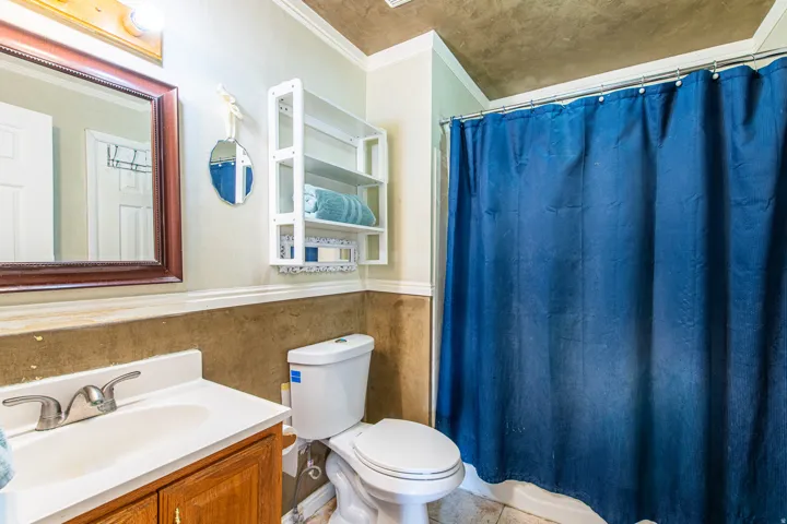 Full bathroom with vanity, ornamental molding, and a wainscoted wall