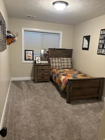 Carpeted bedroom featuring a textured ceiling