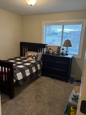 Carpeted bedroom with a textured ceiling