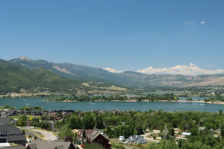 Aerial view of residential area with a water and mountain view