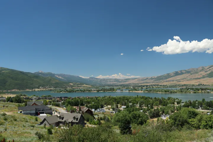 View of mountain background with a large body of water