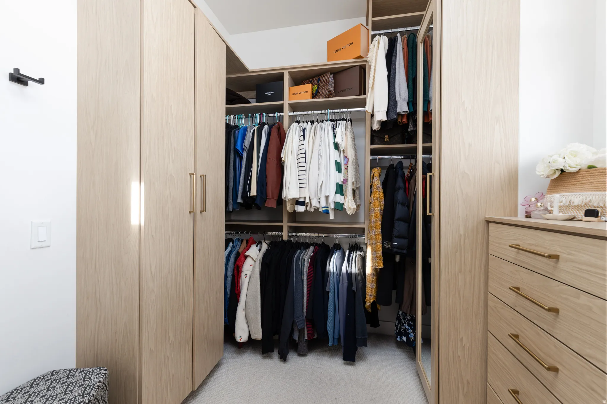 Walk in closet with light carpet