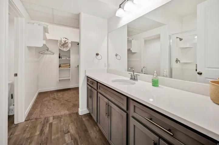 Full bath with a walk in closet, dark wood finished floors, vanity, and a shower stall