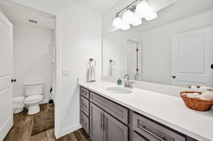 Full bath with vanity and dark wood-type flooring