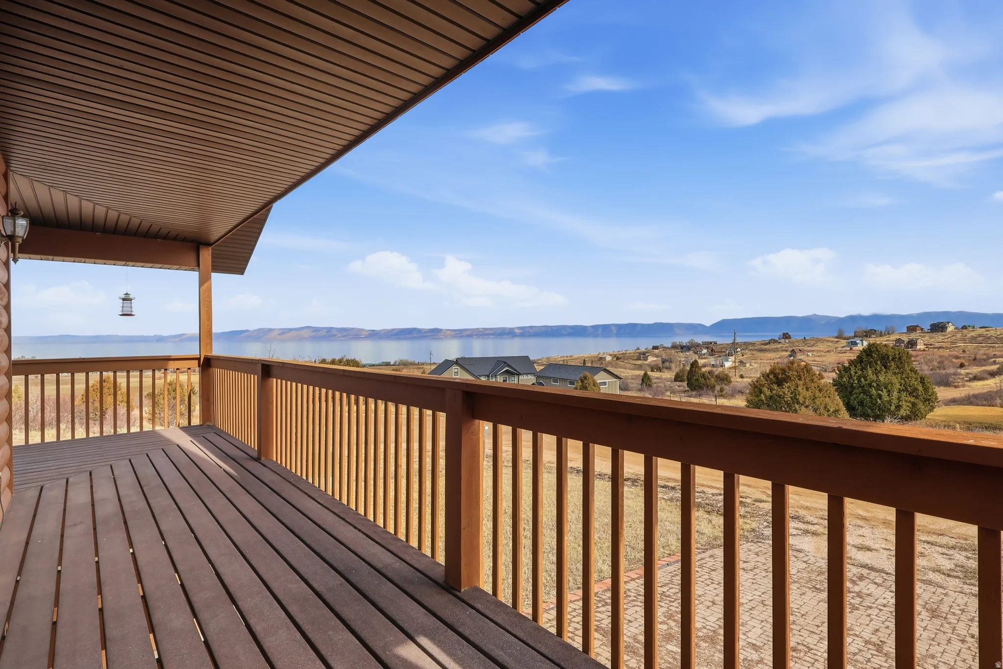 Wooden deck featuring a mountain view