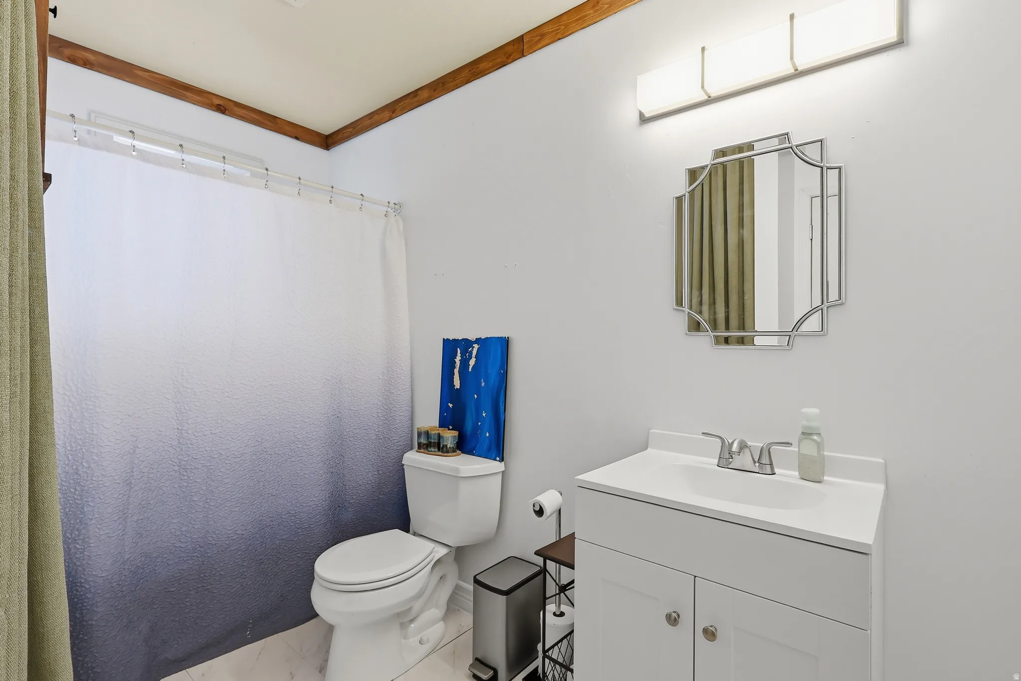 Full bathroom featuring vanity and a shower with curtain