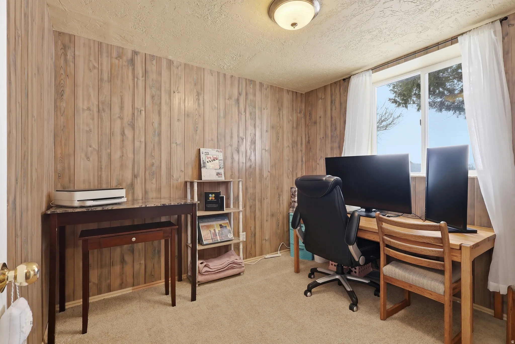 Office space featuring light colored carpet, wooden walls, and a textured ceiling