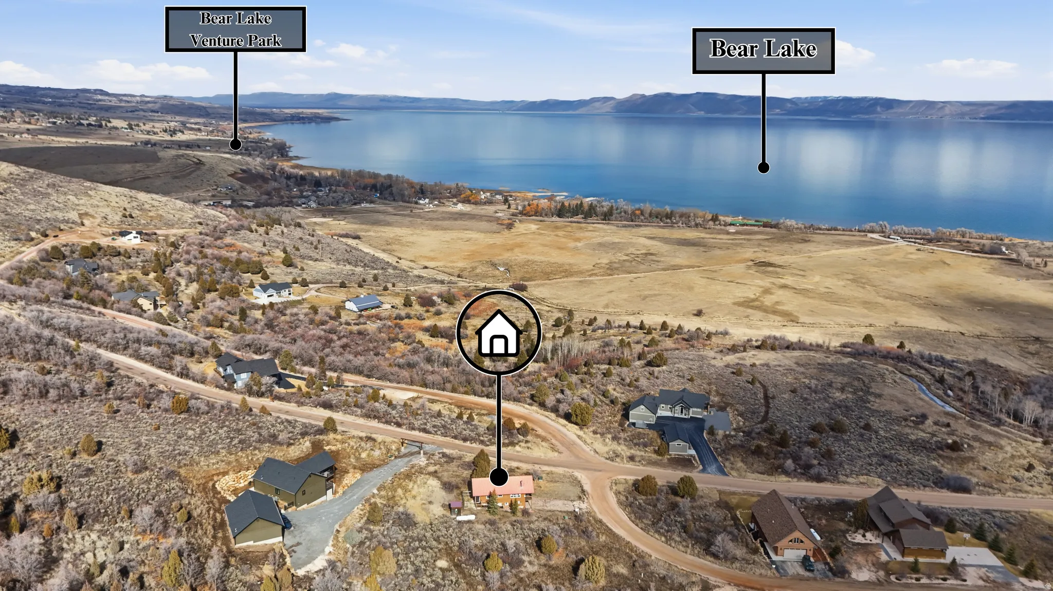 Aerial view of a water and mountain view