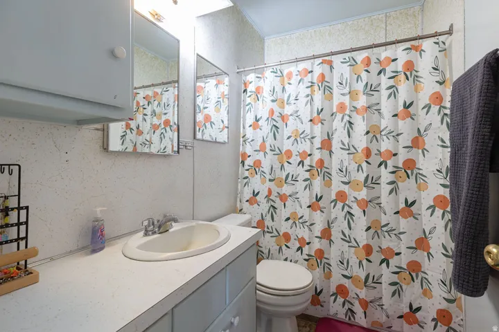 Bathroom featuring vanity, a shower with shower curtain, and ornamental molding